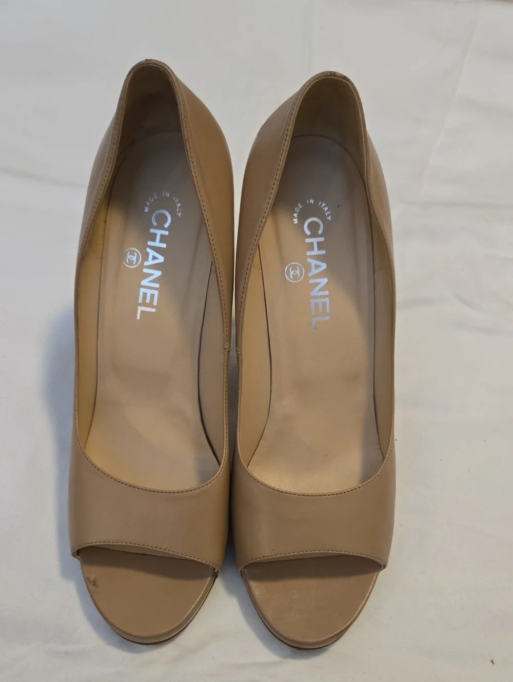 CHANEL Nude Leather Peep-Toe Pumps